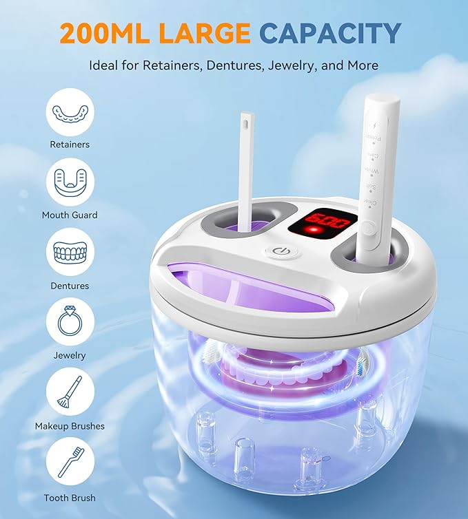 Ultrasonic Retainer Cleaner, Dental Cleaning Pod for Denture, Mouth Guard, Aligner, Night Guard, Braces, Toothbrush Heads, Jewelry, 45kHz Retainer Cleaner Machine with Digital Timer & 200ML