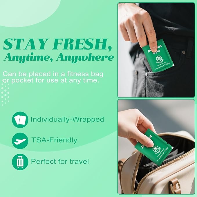 Travel Deodorant Wipes Individually Wrapped,Body Wipes to Clean Skin for Women Men（Cucumber,pack of 50)
