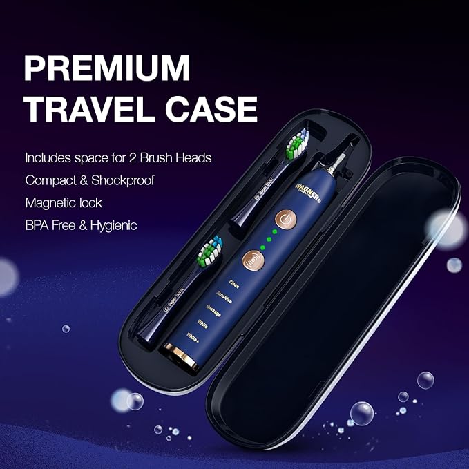 Wagner Stern WHITEN+ Edition. Whitening Electric Toothbrush with Pressure Sensor. Offers 5 Brushing Modes, 3 intensities, 8 Soft Brush Heads, and a Luxury Travel case. (Royal Blue)