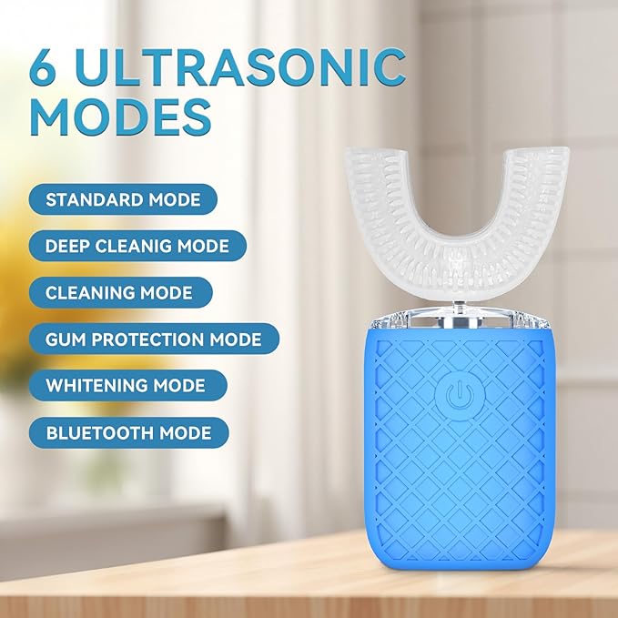 Adult Sonic Automatic Electric Toothbrush, 360° Oral Cleaning Stain Whitening, IPX7 Waterproof Rechargeable, u-Shape Brush Head*3+Straight Handle Brush Head*2, Suitable for Travel or Home Use (Blue)
