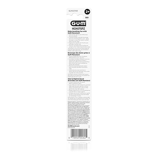 GUM Monsterz Children and Toddler Toothbrush, Soft Bristled Kids’ Toothbrush with Suction Cup, for Ages 2+, 1 Count(Pack of 6)