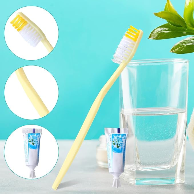 meekoo 200 Set Disposable Toothbrush with Toothpaste Individually Wrapped Travel Toothbrush Kit Homeless Hygiene Kit Bulk for Travel Hotel Shelter Homeless Nursing Home(Gold, Classic)