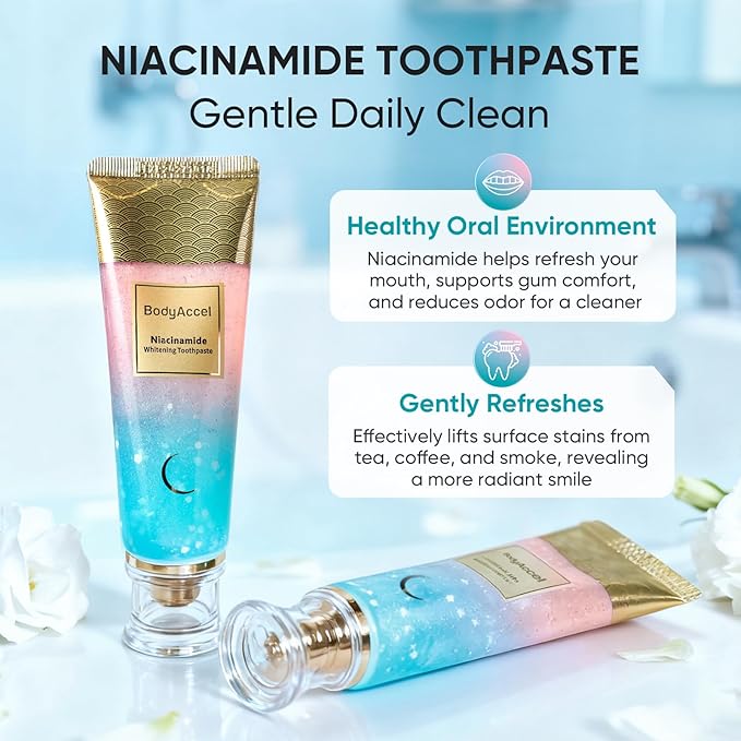 BodyAccel Niacinamide Whitening Toothpaste, Niacinamide Intensive Whitening Toothpaste with Natural Gentle Care Deep Stain Removal Clean Peach Flavor, Improves Gum Health, Fresh Breath (1)