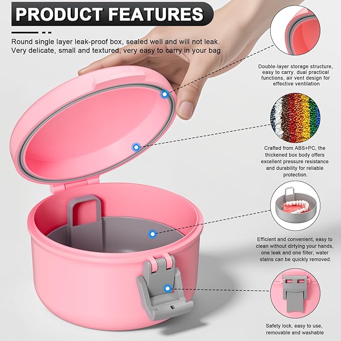 Denture Cleaning Case, Leak Proof Denture Cup for Travel, False Teeth Container for Soaking Dentures & Retainer, Retainer Cleaner Case, Pink + Silver Gray.