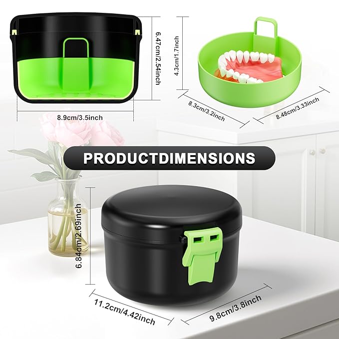 Denture Bath Cup, Leak Proof Denture Case for Travel, False Teeth Container for Soaking Dentures & Retainer, Retainer Cleaner Case, Black+Light Green.