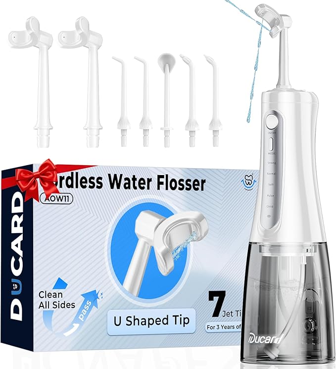 Cordless Water Flosser for Teeth, U-Shaped Flossing 360° Deep Clean, 5 Modes 7 Jet Tips for Adult & Child, Portable Rechargeable Dental Flosser Pick for Braces, Travel, 350ML Large Tank