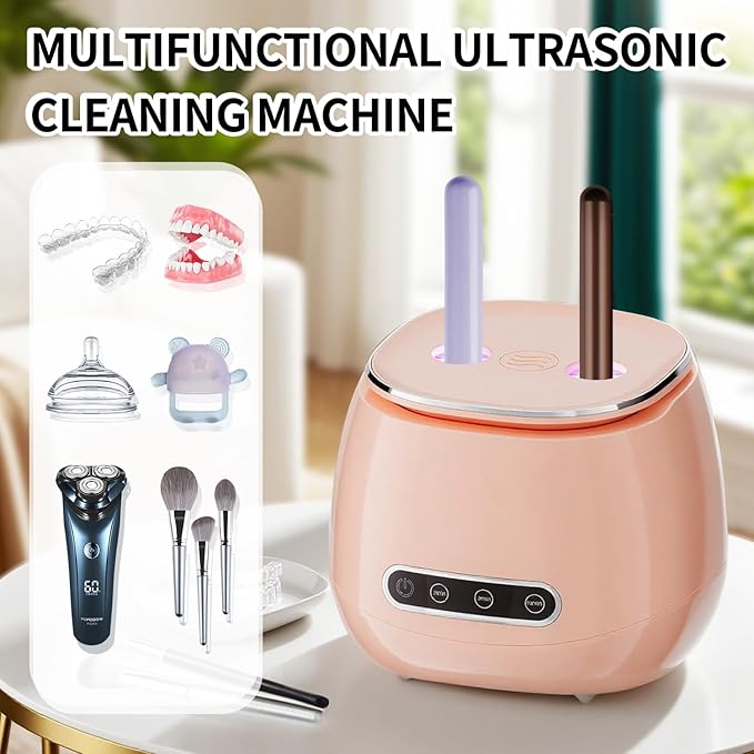Ultrasonic Retainer Cleaner 48kHz Ultrasonic Cleaner Dental Ultrasonic Retainer Cleaner Machine Dental Cleaning Pod for Denture with Digital Timer, Dual Cleaning Mode for All Dental Appliances (Pink)