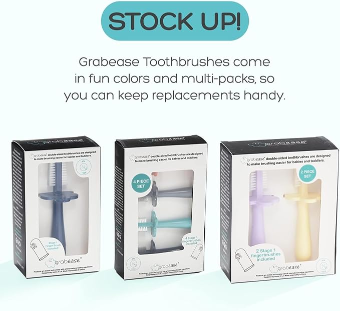 grabease Toddler Toothbrush Double Sided - Baby Training Toothbrush Set with Safety Guard & Finger Brush - Soft Silicone Bristles for Teething Relief - 1 Count, Gray