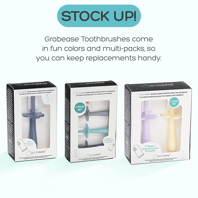 grabease Double Sided Baby Toothbrush - Silicone Finger Brush for Infant Gums - Soft Dual-Sided Brush for Toddler Teeth - Training Toothbrush for Toddlers & 1-Year-Olds - Pack of 2, Mint & Blush