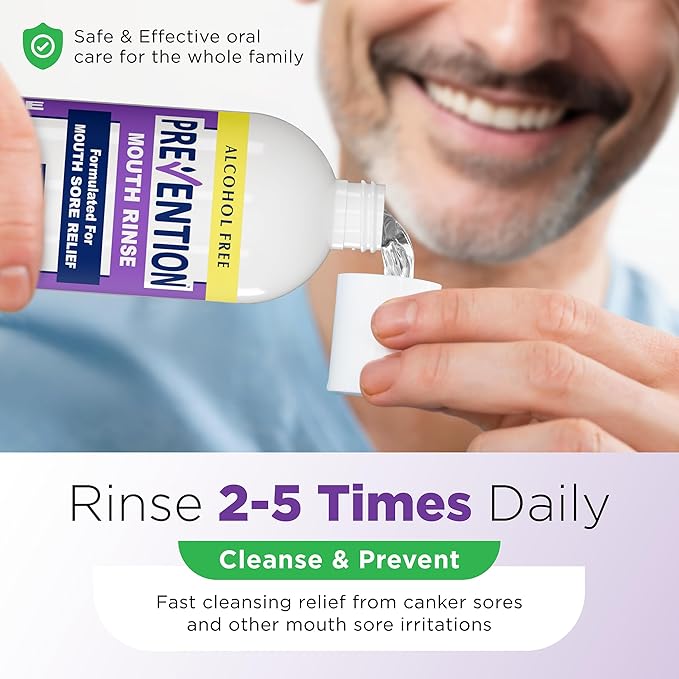 Prevention Mouth Sore Mouth Rinse, Canker Sore Treatment, Oral Pain Relief Mouthwash for Ulcers and Sores, Braces, with Hydrogen Peroxide, Alcohol-Free, Fluoride Free, 16 oz, Soothing Mint, 4 Pack
