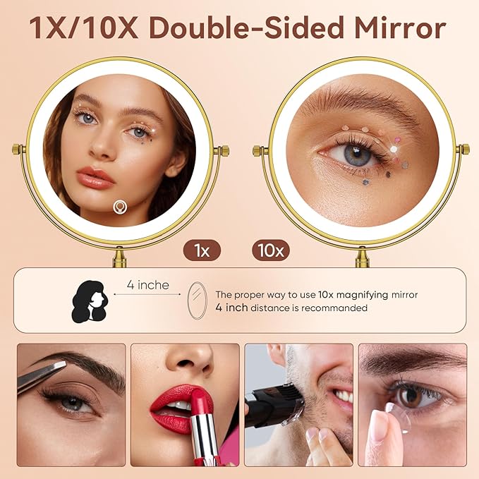 GURUN 8" Rechargeable Wall Mounted Makeup Mirror- 10X Magnifying Mirror with Light | 3 Color LED Lighting & Touch Control | 360° Rotation & Extended Arm | Dual-Sided Bathroom Mirror M1406DGJ(8",10X)