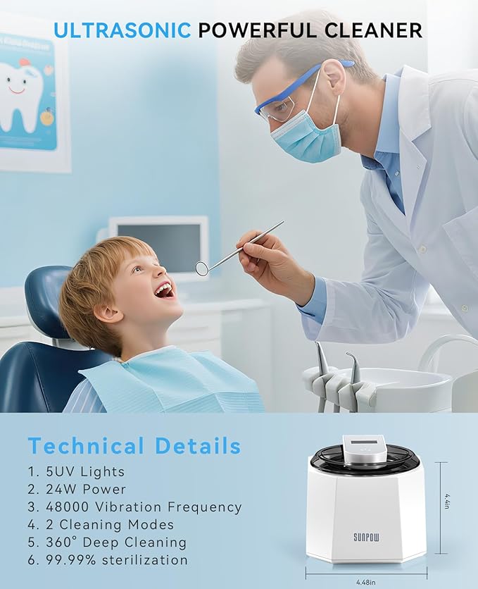 SUNPOW Dental Ultrasonic Retainer Cleaner Machine - 48kHz Retainer Cleaner with 5 UV Lights for Night Guards, Mouth Guards, Dentures- 220ML Dental Cleaning Pod Upgrade Design
