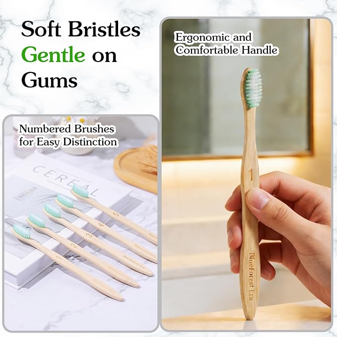Bamboo Toothbrushes 10 Count Set, BPA Free Soft PBT Bristles, Natural Eco-Friendly Wooden Toothbrush, Organic Biodegradable Travel Tooth Brush for Adults