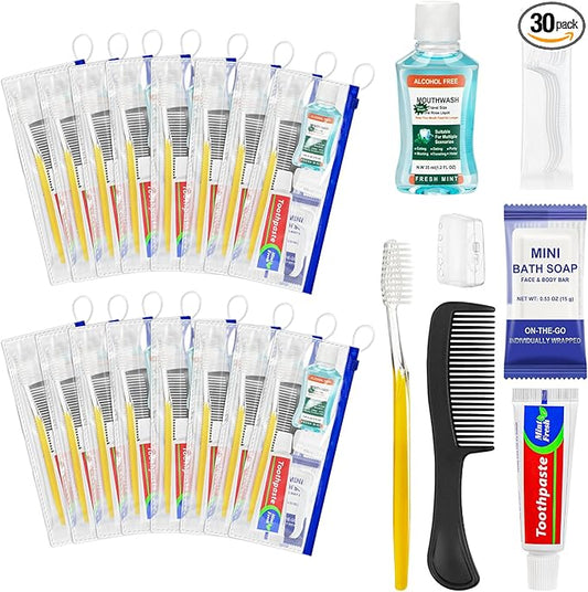 Xuezoioy Personal Hygiene Kit Bulk Pack of 30,Yellow Basic Travel Toiletry Set Disposable Toothbrushes with Toothpaste Mouthwash Floss Comb Cover and Zip Bag for Homeless,Charity,Guests