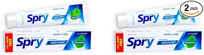 Spry Natural Xylitol Toothpaste 5oz for Adults and Kids with Fluoride, Gentle for Sensitive Teeth Whitening and Remineralizing, Breath Freshening, Mouth Moisturizing, Peppermint (Pack of 2)