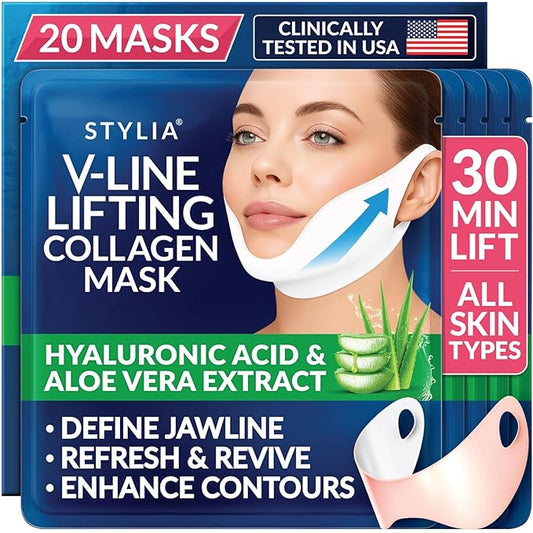 STYLIA V Line Lifting Collagen Face Mask - Lift, Firm & Contour Jawline - Double Chin Strap with Hyaluronic Acid & Aloe Vera - Hydrating Neck & Face Tightening Mask - Chin Strap for Sleeping - 20PC