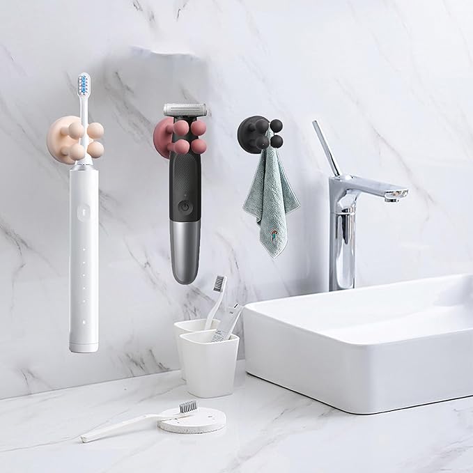 6 pcs Silicone Waterproof self Adhesive Toothbrush Holder,Multi-Function Wall Mounted Single Hook Plug Holder for Toothbrush Razor and Small Items for Bathroom Kitchen Living Room Office