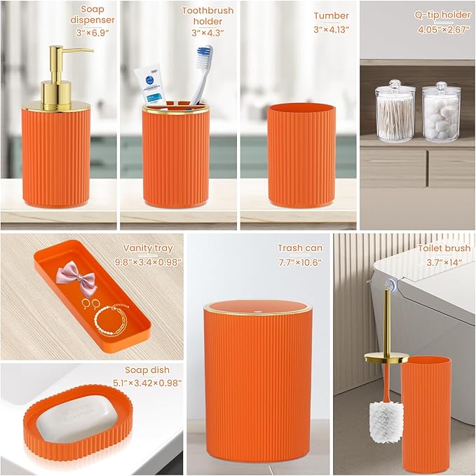 Orange Bathroom Accessories Set, 10PC Bathroom Set, Bath Accessory with Pop Up Trash Can, Soap Dispenser, Toilet Brush, Toothbrush Set Qtip Holders & Tray