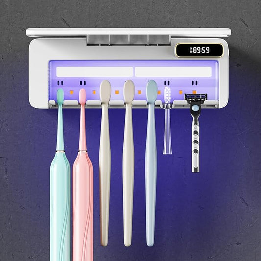 Smart Toothbrush Sanitizer & Holder, 5+1+1 Slot Wall Mounted Toothbrush Cleaner with Heating Dryer, No-Drilling Bathroom Storage for Multiple Toothbrushes and Electric Brushes