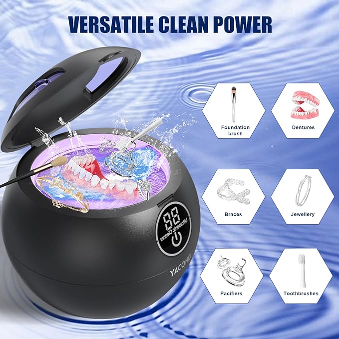 Ultrasonic Retainer Cleaner Machine 45kHz Dental Retainer Cleaner with 3 Modes and Digital Timer Mouth Guard for Denture Clean, Night Guard, Aligner, Braces, Toothbrush, Jewelry Black