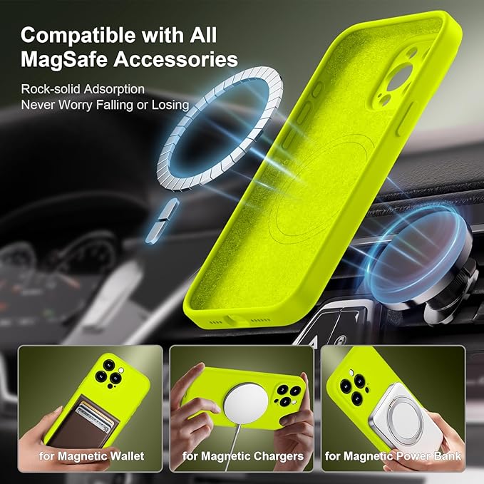 Magnetic for iPhone 15 Pro Case, Compatible with MagSafe, with 9H Nano Screen Protectors, Full Camera Protection, Silicone Shockproof Microfiber Lining Phone Case 6.1", Fluorescent Green