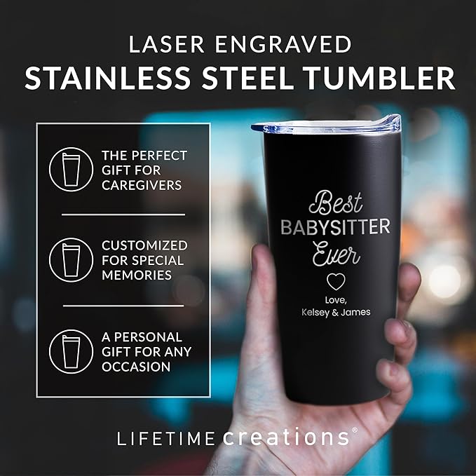 Lifetime Creations Engraved Personalized Best Nanny Ever Stainless Steel Tumbler with Lid 20 oz (Black) - Babysitter, Daycare, Au Pair Coffee Travel Mug Gift