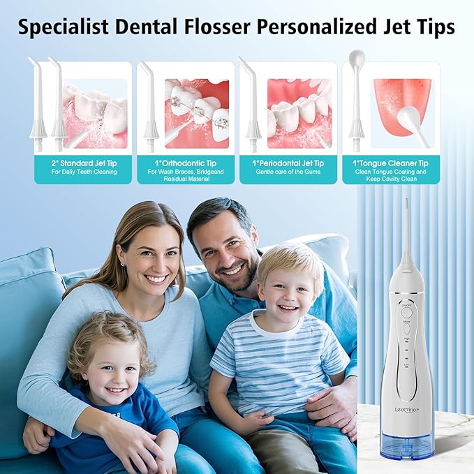 Leominor Water Dental Flosser Pick for Teeth, 300ML Portable Oral Irrigator Upgraded Tank Removable,IPX7 Waterproof, Rechargeable Travel Teeth Cleaner, Professional Electric Flossing (Blue White)