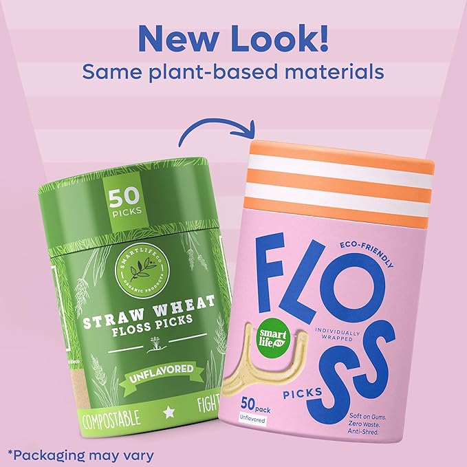 Individually Wrapped Dental Floss Picks (50ct) - Eco-Friendly Flosser Handle Made with Straw Wheat Blend | Great for Travel | PFA Free | Toothpick Stick Soft On Gums & Teeth | Vegan | Unflavored