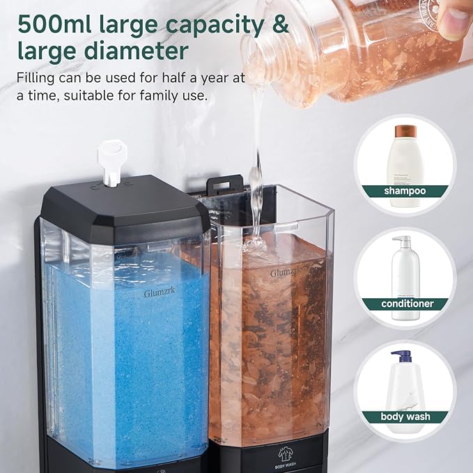 Shampoo and Conditioner Dispenser 2 Chamber No Drill Shampoo Dispenser for Shower Wall Mounted Shower Soap Dispenser 2 * 500ml Refillable Shower Dispenser for Bathroom Hotel(Black 2 Chamber)