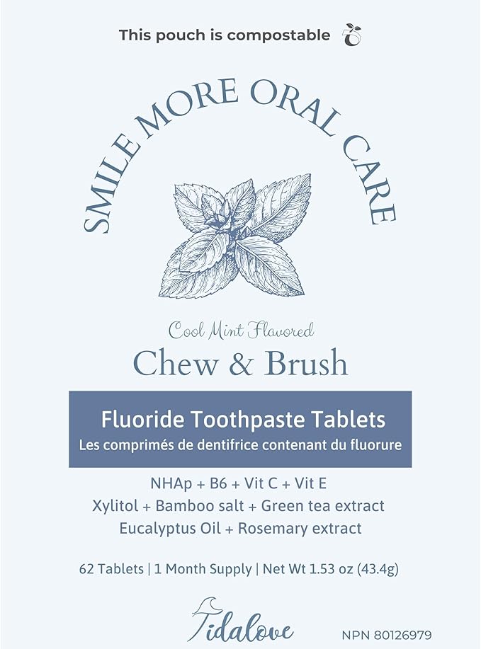 Smile More Toothpaste Tablets with Fluoride & nHAp - Vegan, Enamel Strengthening, Zero Waste, Paper Refill, 62 Tablets, Cool Mint, 1 Month Supply, Travel-Friendly