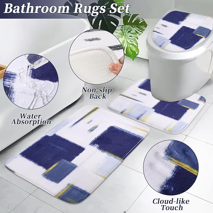 Bathroom Accessories Set - 26PCS Navy Blue Bathroom Set, Bathroom Accessory Set with Shower Curtain and Rugs and Bathtub Mats for Home