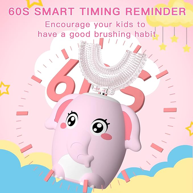 Kids Electric U Shaped Toothbrush Children Rechargeable Sonic Toothbrush with 4 Brush Heads Full Mouth 6 Cleaning Modes - (Age 2-7 Pink)