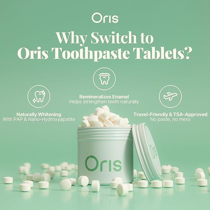 Oris Starter Bundle – 1 Month Supply: Natural Toothpaste Tablets | Fluoride-Free, Travel-Friendly, Kid-Safe with Enamel-Strengthening Nanohydroxyapatite (62 Count (Pack of 1), Cinnamon)