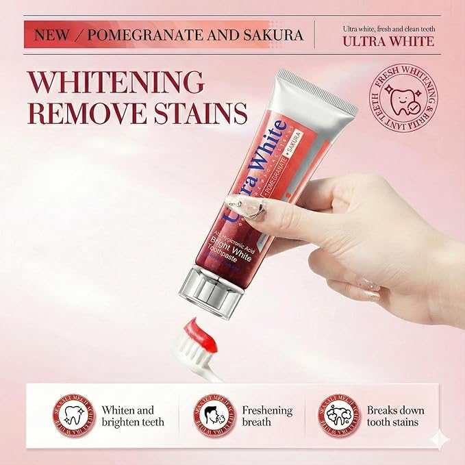 Pomegranate & Sakura Toothpaste, Hyaluronic Acid Whitening Gel for Stain Removal, Soothes Gums & Freshens Breath, Red Fluoride-Free Paste, 3.52oz (2 Pack)