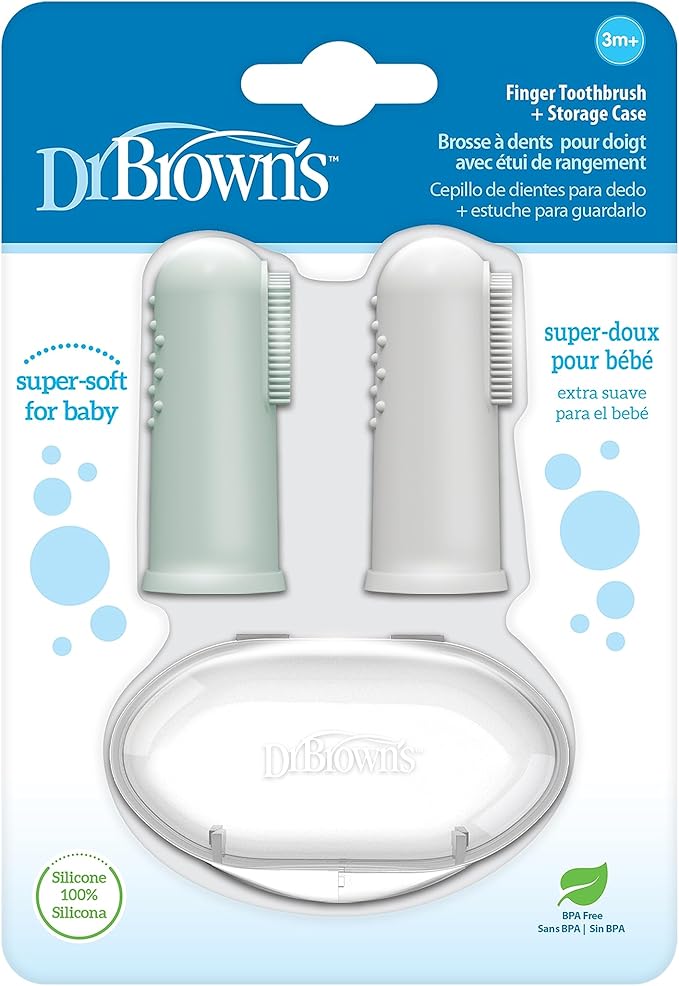 Dr. Brown's Silicone Finger Toothbrush for Baby with Travel-Storage Case, 3m+, Gray and Light Green, 2 Count, (Pack of 1)