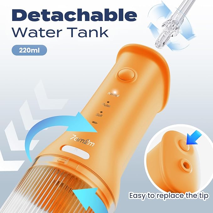 7AM2M Portable Cordless Water Flosser, Oral Irrigator with 3 Modes & 2 Tips, Fast Rechargeable, IPX7 Waterproof, Dental Water Flosser for Travel and Home Use (Orange)
