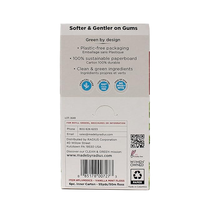 RADIUS Vanilla Mint Dental Floss 55 Yards Vegan & Non-Toxic Oral Care Boost & Designed to Help Fight Plaque Clear - Pack of 3