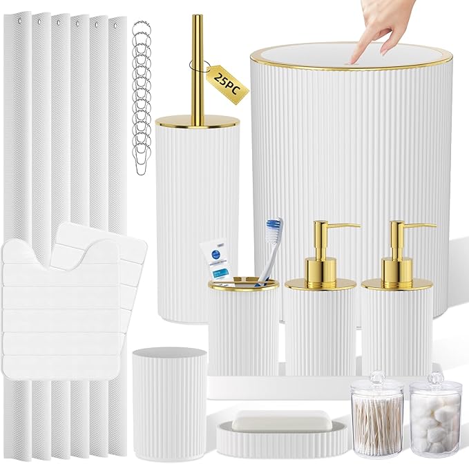 White and Gold Bathroom Accessories Set - Bathroom Sets, 25PC Bath Accessory Set, Bathroom Sets with Push Top Trash Can, Shower Curtain and Rugs, Toilet Brush, Trash Can & Soap Dispenser