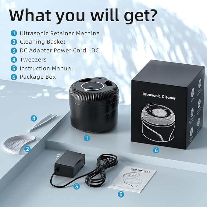 Ultrasonic Retainer Cleaner, 45kHz Retainer Cleaner Machine for Dentures, Mouth Guards, Aligners, Braces, Toothbrush Heads & Jewelry, 200ML Dental Cleaning Pod with 4 Modes & Digital Timer