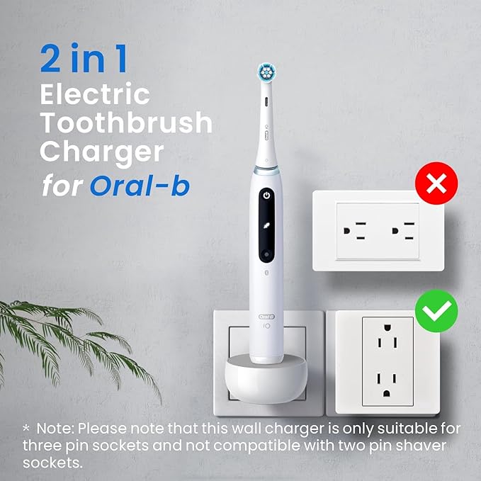 2-in-1 Wall Charger for Oral-B Braun Electric Toothbrush, 3-Port US Plug Charger Base for Oral B Genius Pro Smart Vitality Kids io2 io3 io4 io5 io6 Serie, IPX5, White