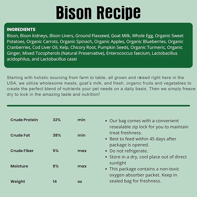 Shepherd Boy Farms Freeze Dried Raw Dog Food, Bison Recipe, All Natural, No Synthetics, Made in USA with Goat's Milk & Organic Produce, High Protein, Complete Meal (14oz)