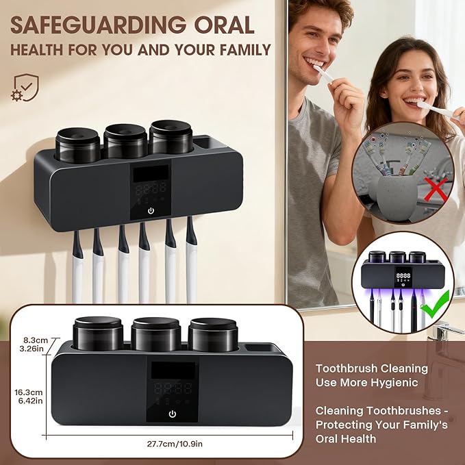 3 in 1 Toothbrush Cleaner Holders for Bathrooms,Wall Mounted Toothbrush Holders with Drying and Cleaning,Smart LED Screen,6 Toothbrush Slots,3 Cups and Toothpaste Dispenser (Deep Grey)