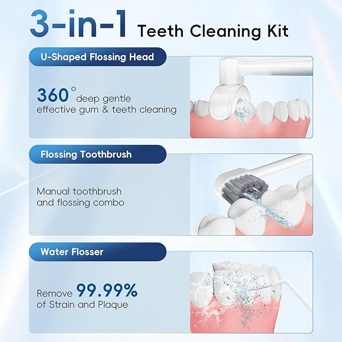 Cordless Water Flosser for Teeth Cleaning Pick, U-Shaped Flossing Head for 360° Deep Clean, 5 Modes & 9 Jet Tips, IPX7 Waterproof, Rechargeable & Portable Oral Irrigator for Travel, 350ML Large Tank