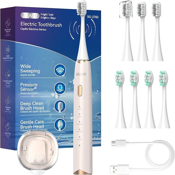SEAGO Electric Toothbrush for Adults with Pressure Sensor, Sonic Toothbrushes Holder Wall Mounted, 60 Days Battery Life, 5 Cleaning Modes, 8 Replacement Heads, Timer & IPX7 Waterproof (Beige, Middle)