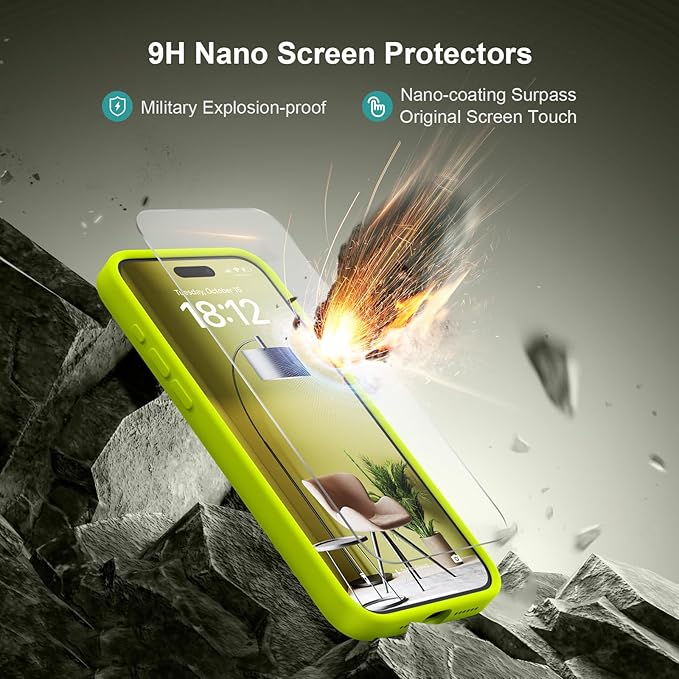 Magnetic for iPhone 15 Pro Case, Compatible with MagSafe, with 9H Nano Screen Protectors, Full Camera Protection, Silicone Shockproof Microfiber Lining Phone Case 6.1", Fluorescent Green