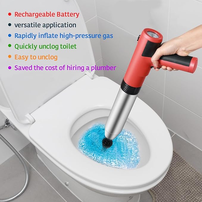 Electric Toilet Plunger ，Hair Drain Clog Remover,High Pressure Air Toilet Plungers, Heavy Duty Plunger For Toilet,Drain,Bathroom,Floor Drain,Sewer,Pipe，built-in battery,RED