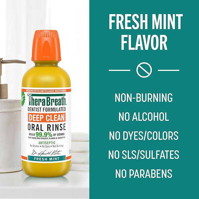 TheraBreath Deep Clean Mouthwash, Antiseptic Benefits, Fresh Mint Flavor, Dentist Formulated, Alcohol Free, 16 fl oz (Pack of 2)