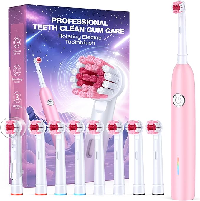 Rotating Electric Toothbrush with 8 Brush Heads for Adults and Kids, 3 Modes Rechargeable Power Toothbrush with 2-Minute Smart Timer, 45-Day Battery, Pink