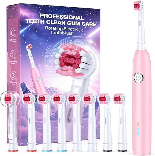 Rotating Electric Toothbrush with 8 Brush Heads for Adults and Kids, 3 Modes Rechargeable Power Toothbrush with 2-Minute Smart Timer, 45-Day Battery, Pink