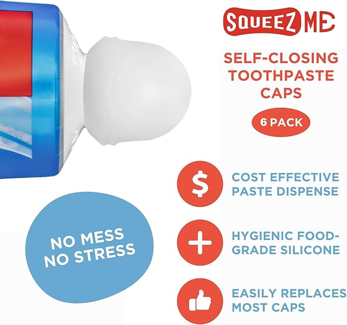 Chrome Cherry SqueezMe Self-Closing Toothpaste Caps, Silicone Lid for Kids & Adults, No Mess Toothpaste Dispenser, Easy Squeezer Cap for Tubes, Bathroom Accessory, Multicolor, Pack of 6